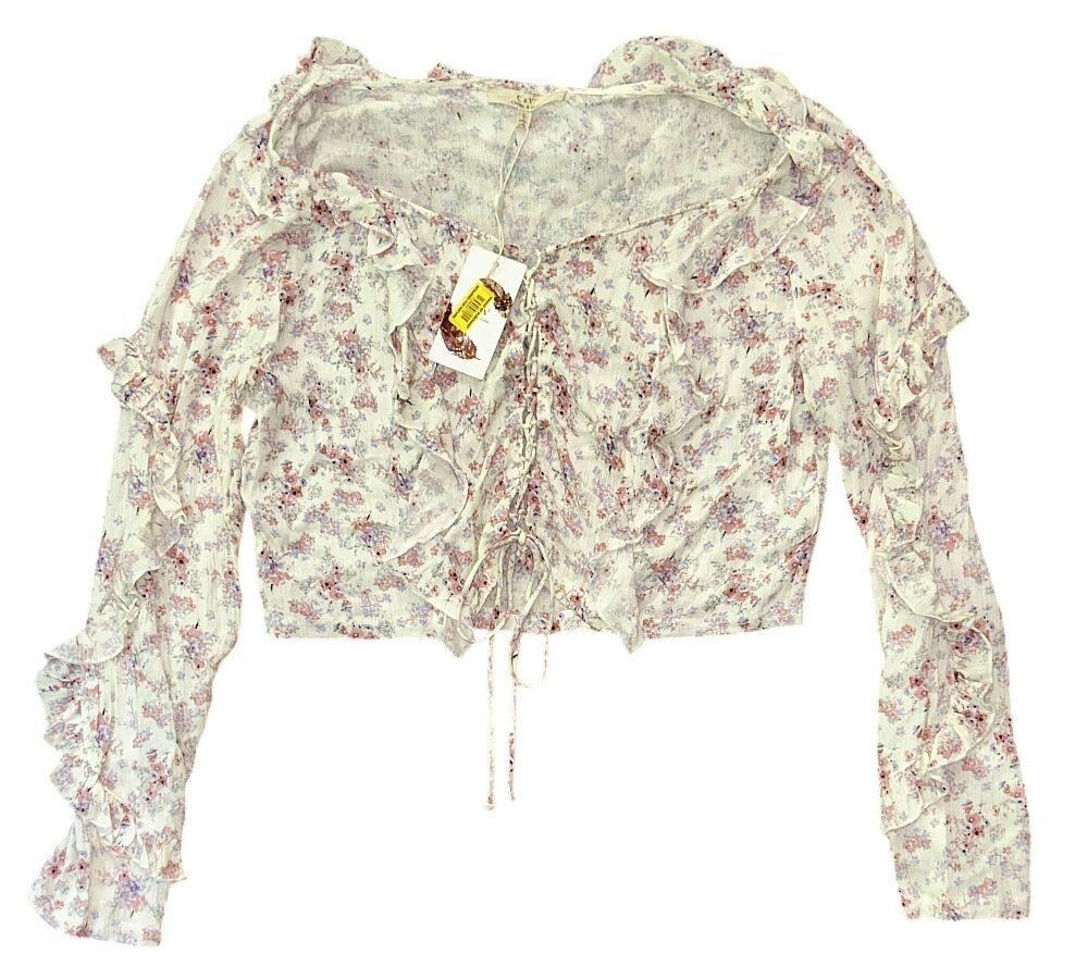 NWT Chelsea & Violet Floral Woven Lace-Up Ruffle Blouse Top Women's Large